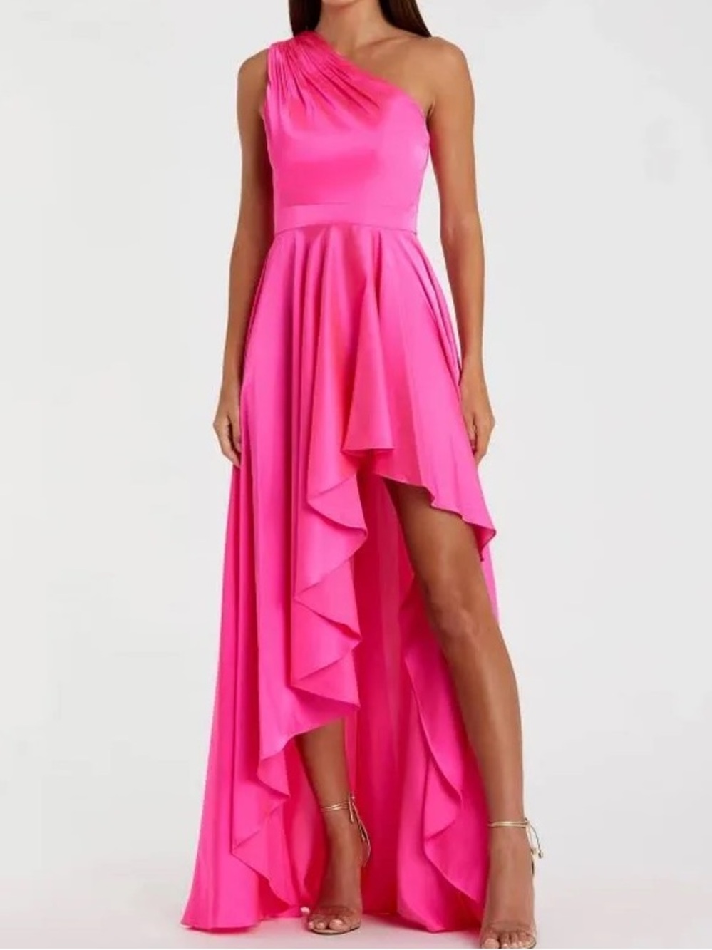 NWT Mac Duggal Sz XS One-Shoulder Hot Pink High-Low Ruffle Gown 49668 - Picture 1 of 4